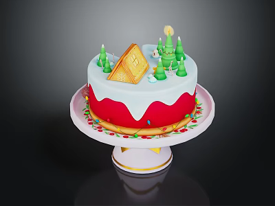Festive Christmas Cake With White Frosting Red Base And Green Tree Decorations On Stand 3d model