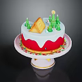 Festive Christmas Cake With White Frosting Red Base And Green Tree Decorations On Stand