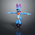 Blue Cartoon Fox Character with Big Ears Red Scarf Black Eye Patch and Arms Outstretched