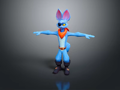 Blue Cartoon Fox Character with Big Ears Red Scarf Black Eye Patch and Arms Outstretched 3d model