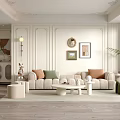 Modern Living Room Interior Design With Beige Sofa Green Chair And Wall Art