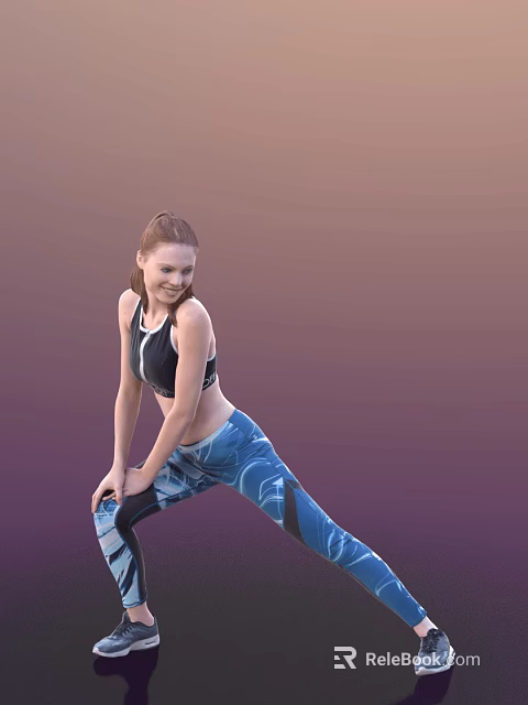 Woman Doing Stretching With Red Hair In Black Sports Bra And Blue Patterned Leggings 3d model 
