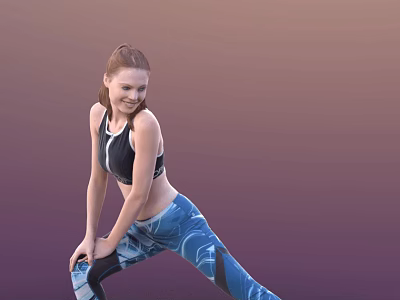 Woman Doing Stretching With Red Hair In Black Sports Bra And Blue Patterned Leggings 3d model
