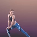 Woman Doing Stretching With Red Hair In Black Sports Bra And Blue Patterned Leggings