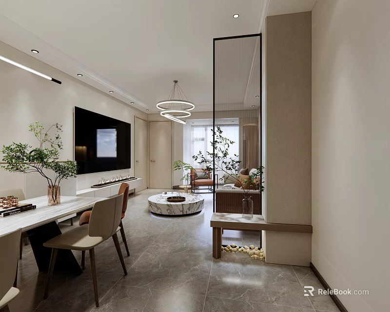 Modern Elegant Living And Dining Room Interior With Open Layout Marble Pendant Lights And Greenery 3d model 