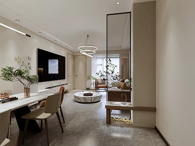 Modern Elegant Living And Dining Room Interior With Open Layout Marble Pendant Lights And Greenery 3d model