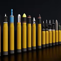 Yellow Military Missiles With Various Warhead Tips Arranged On Black Background