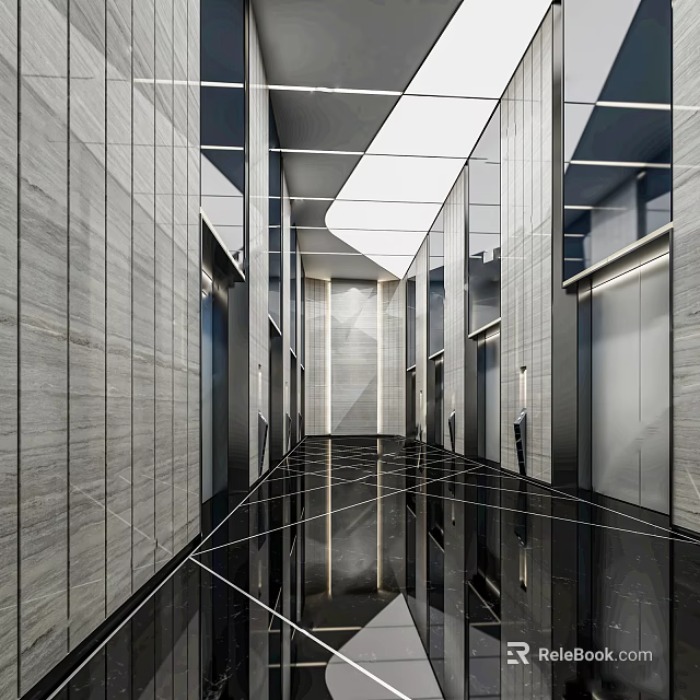Modern Elevator Lobby With Grey Stone Walls And Glossy Floor 3d model 