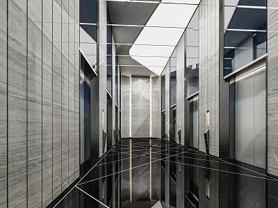 Modern Elevator Lobby With Grey Stone Walls And Glossy Floor 3d model