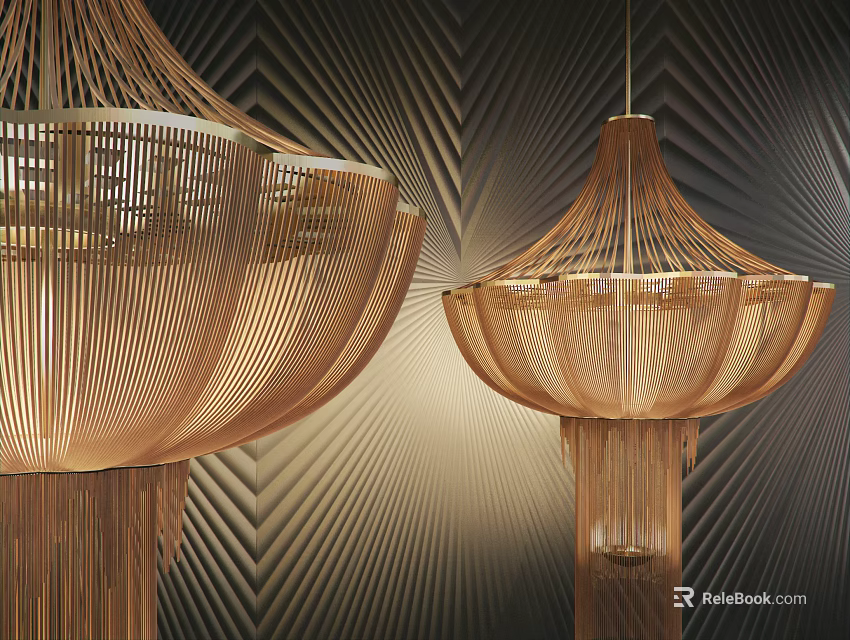 Woven Lantern Shaped Chandeliers With Modern Design Hanging Over Textured Wall 3d model 