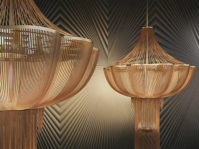 Woven Lantern Shaped Chandeliers With Modern Design Hanging Over Textured Wall 3d model