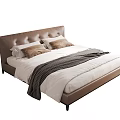 Modern Double Bed with Leather Headboard Button Tufting White Linens Plaid Blanket and Beige Pillows