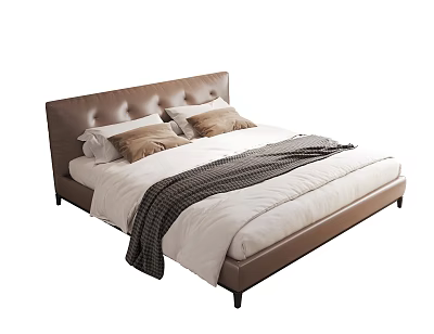Modern Double Bed with Leather Headboard Button Tufting White Linens Plaid Blanket and Beige Pillows 3d model