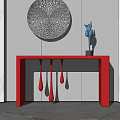 Red Console Table With Blue Sculpture And Circular Wall Decor In Modern Interior 3d model