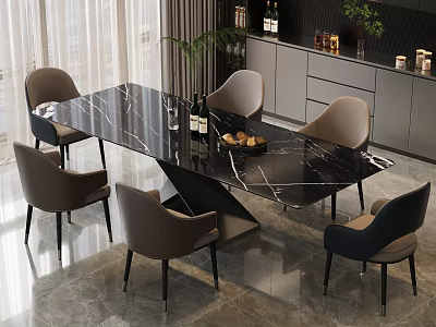 Black Marble Dining Table Set With Six Light Brown Dark Black Chairs In Contemporary Kitchen 3d model