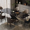 Black Marble Dining Table Set With Six Light Brown Dark Black Chairs In Contemporary Kitchen