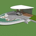 Modern Curved Roof Pergola In Green Lawn With Seating Area And Pathway