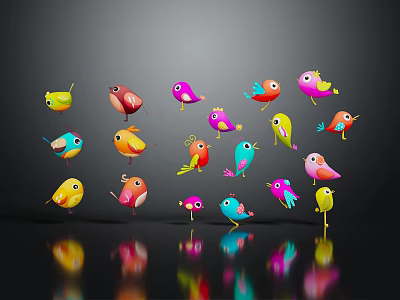 Colorful Birds Display Various Colors And Poses On Dark Background With Reflections 3d model