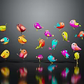 Colorful Birds Display Various Colors And Poses On Dark Background With Reflections