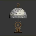 Vintage Globe Shaped Table Lamp With Ship Wheel Base And World Map Design