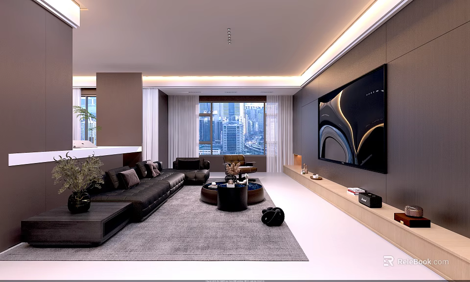 Modern Luxury Open Living And Dining Room With Comfortable Leather Sofa And Panoramic City View 3d model 