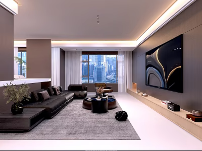 Modern Luxury Open Living And Dining Room With Comfortable Leather Sofa And Panoramic City View 3d model