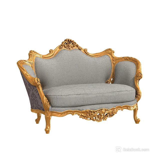 Classic Style Multi Person Sofa With Golden Ornate Carvings And Gray Checkered Upholstery 3d model 