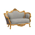 Classic Style Multi Person Sofa With Golden Ornate Carvings And Gray Checkered Upholstery