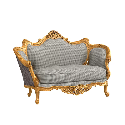 Classic Style Multi Person Sofa With Golden Ornate Carvings And Gray Checkered Upholstery 3d model