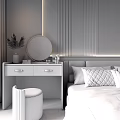 Modern Bedroom Interior With Upholstered Bed Round Mirror Pendant Lights Wardrobe And Area Rug