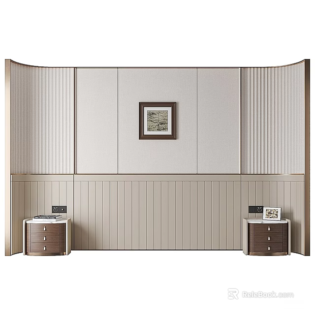 Modern Minimalist Bedroom Accent Wall With Fabric Panels Vertical Stripes And Framed Artwork 3d model 