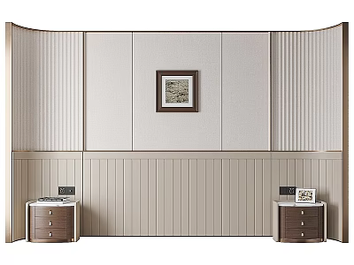 Modern Minimalist Bedroom Accent Wall With Fabric Panels Vertical Stripes And Framed Artwork 3d model