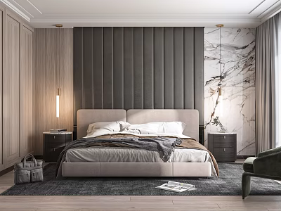 Modern Bedroom With Tufted Headboard Wall Wooden Wardrobes Marble Accent Wall Nightstands Lamps And Armchair 3d model