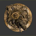 Bronze statue of man riding horse holding sword wearing hat and cloak on wooden base