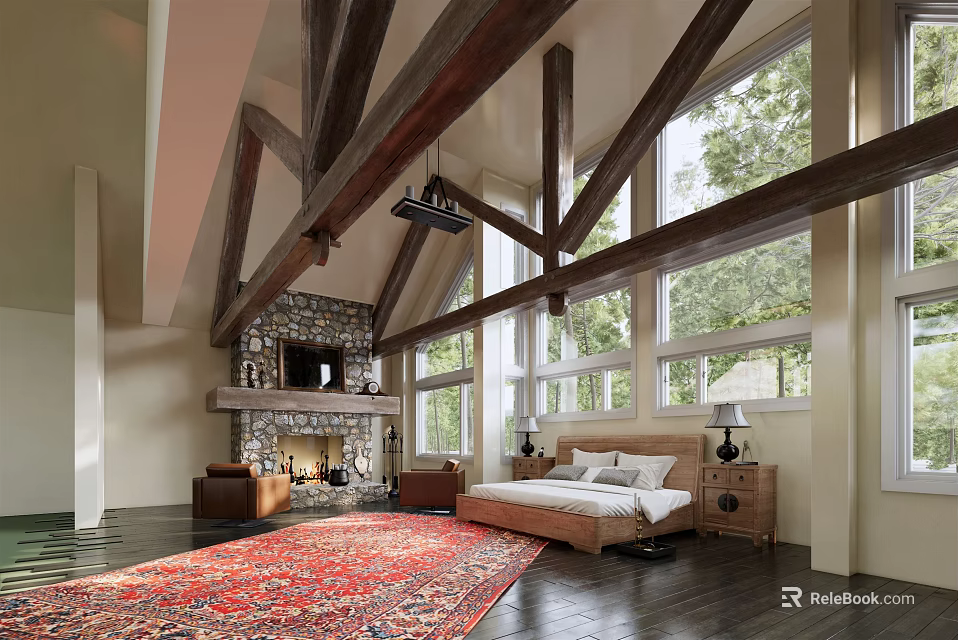 Comfortable Modern Hotel Room Interior With King Bed Wooden Beams And Large Windows 3d model 