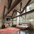 Comfortable Modern Hotel Room Interior With King Bed Wooden Beams And Large Windows