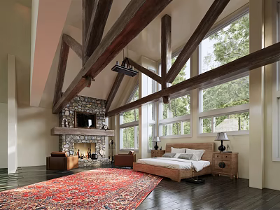 Comfortable Modern Hotel Room Interior With King Bed Wooden Beams And Large Windows 3d model