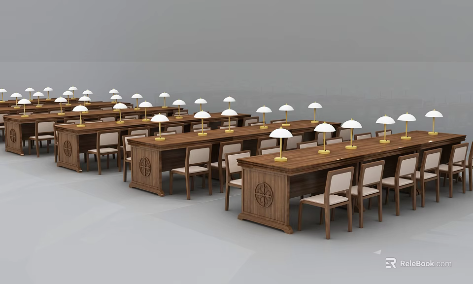 Classic Wooden Table and Chair Set with White Table Lamps in Neatly Arranged Rows 3d model 