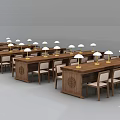 Classic Wooden Table and Chair Set with White Table Lamps in Neatly Arranged Rows