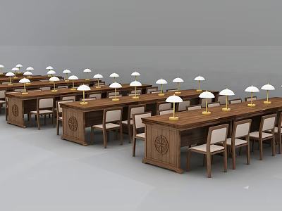 Classic Wooden Table and Chair Set with White Table Lamps in Neatly Arranged Rows 3d model