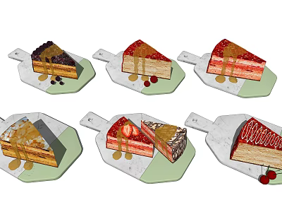 Assorted Cake Slices with Chocolate Drizzle Fresh Fruits and Cream Layers 3d model