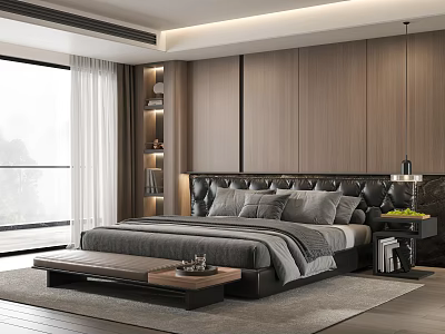 Double Bed In Modern Bedroom With Black Leather Headboard Gray Bedding And Wooden Wall 3d model