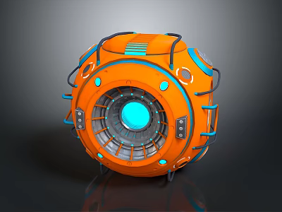 Futuristic Orange Spherical Computer Device With Blue Details And Central Blue Circle 3d model