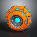 Futuristic Orange Spherical Computer Device With Blue Details And Central Blue Circle