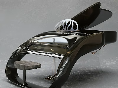 Modern Black Piano With Sleek Design Transparent Stand And Stool 3d model