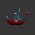 Toy Boat With Blue Hull Red Details And Red Toy Helicopter Flying Nearby