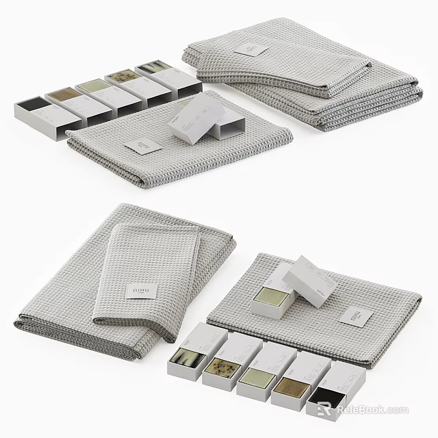 Grey Waffle Textured Towels Neatly Stacked With Decorative Gift Boxes 3d model 