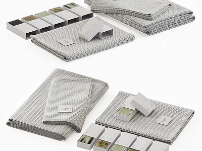 Grey Waffle Textured Towels Neatly Stacked With Decorative Gift Boxes 3d model