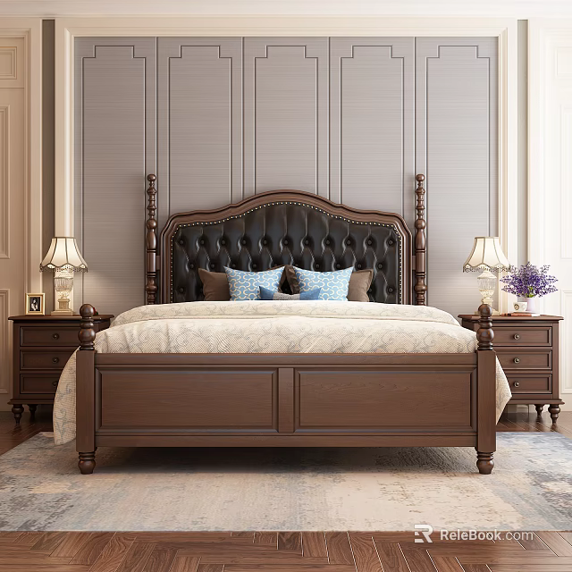 Dark Brown Leather Tufted Double Bed With Carved Headboard And Bedside Table Lamps 3d model 
