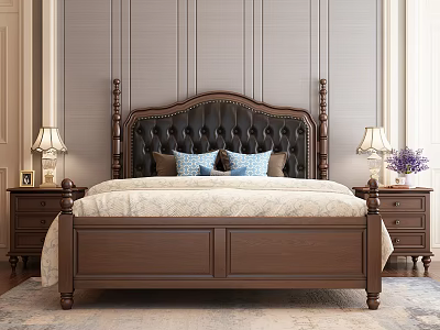 Dark Brown Leather Tufted Double Bed With Carved Headboard And Bedside Table Lamps 3d model
